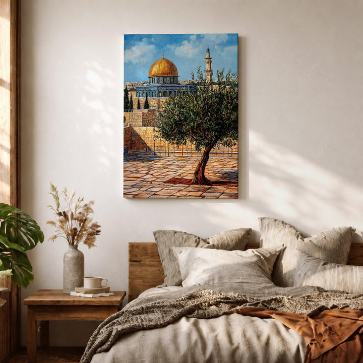Canvas texture and frame close-up on Masjid Al Aqsa artwork