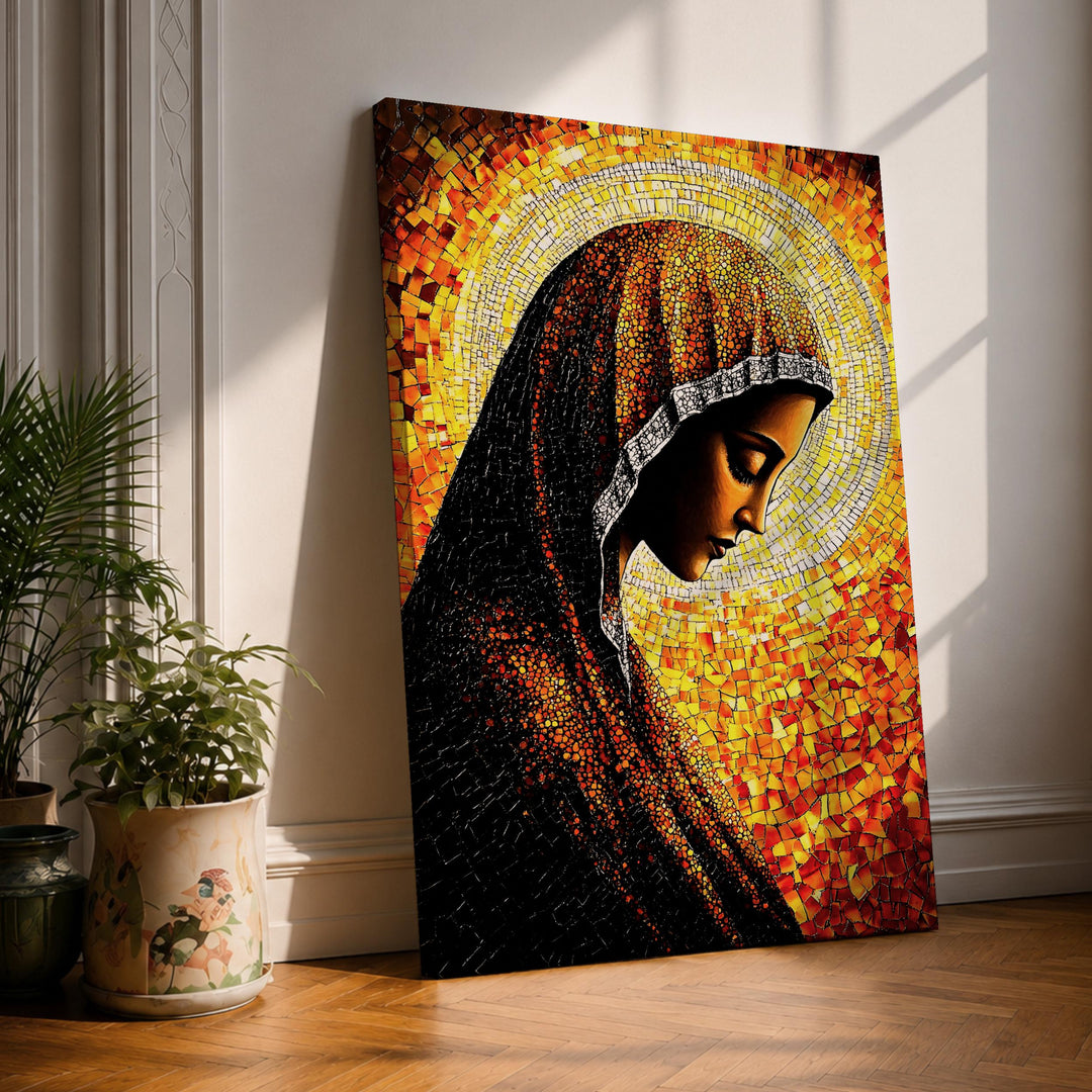 Virgin Mary mosaic wall art on framed canvas, prayer portrait, close-up