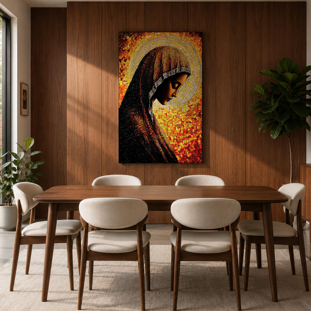 Soft-toned Virgin Mary mosaic on framed canvas