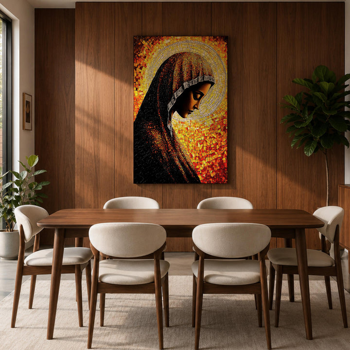Soft-toned Virgin Mary mosaic on framed canvas