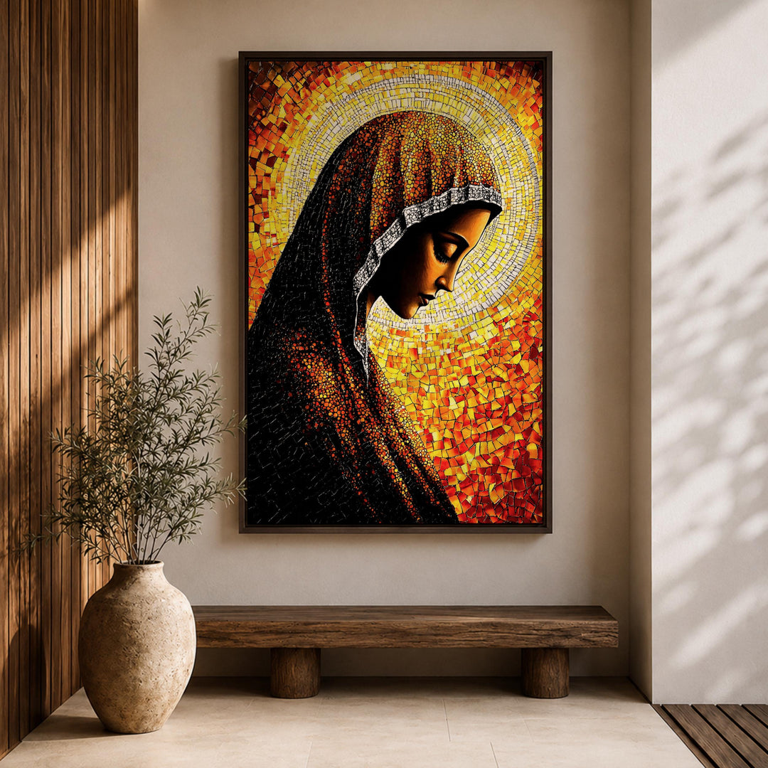 Detail of Blessed Virgin with warm earth tones in frame