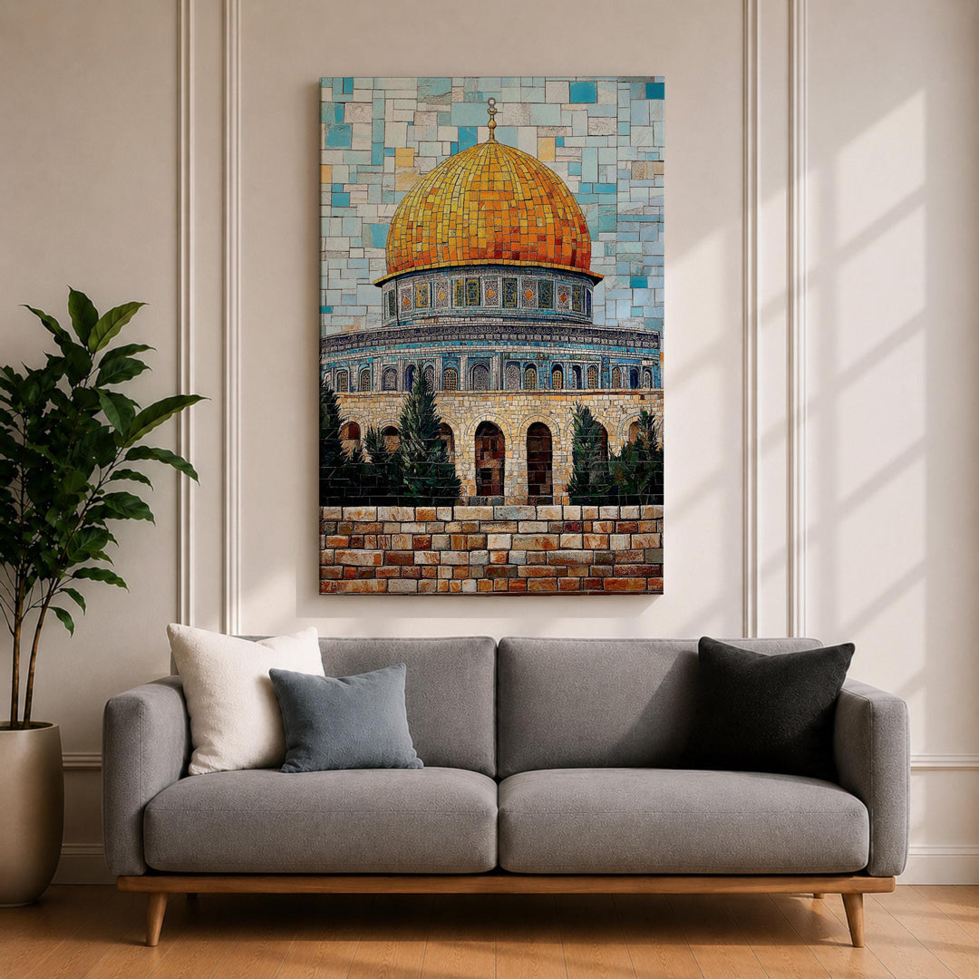 Framed Masjid Al Aqsa wall art with gilded dome on canvas