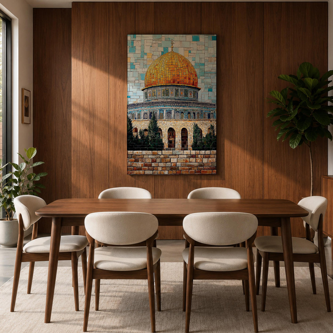 Palestine mosque mosaic wall art with golden dome frame