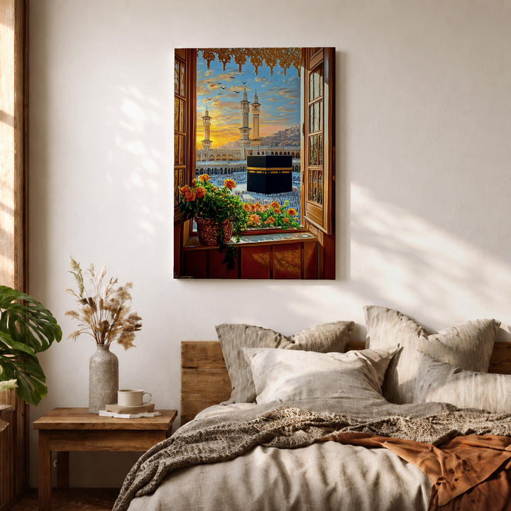 Traditional Islamic decor: Kaaba window scene on canvas