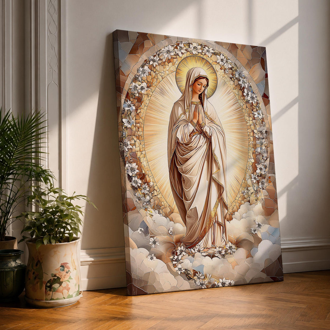 Framed Virgin Mary wall art on canvas with a floral halo, front view