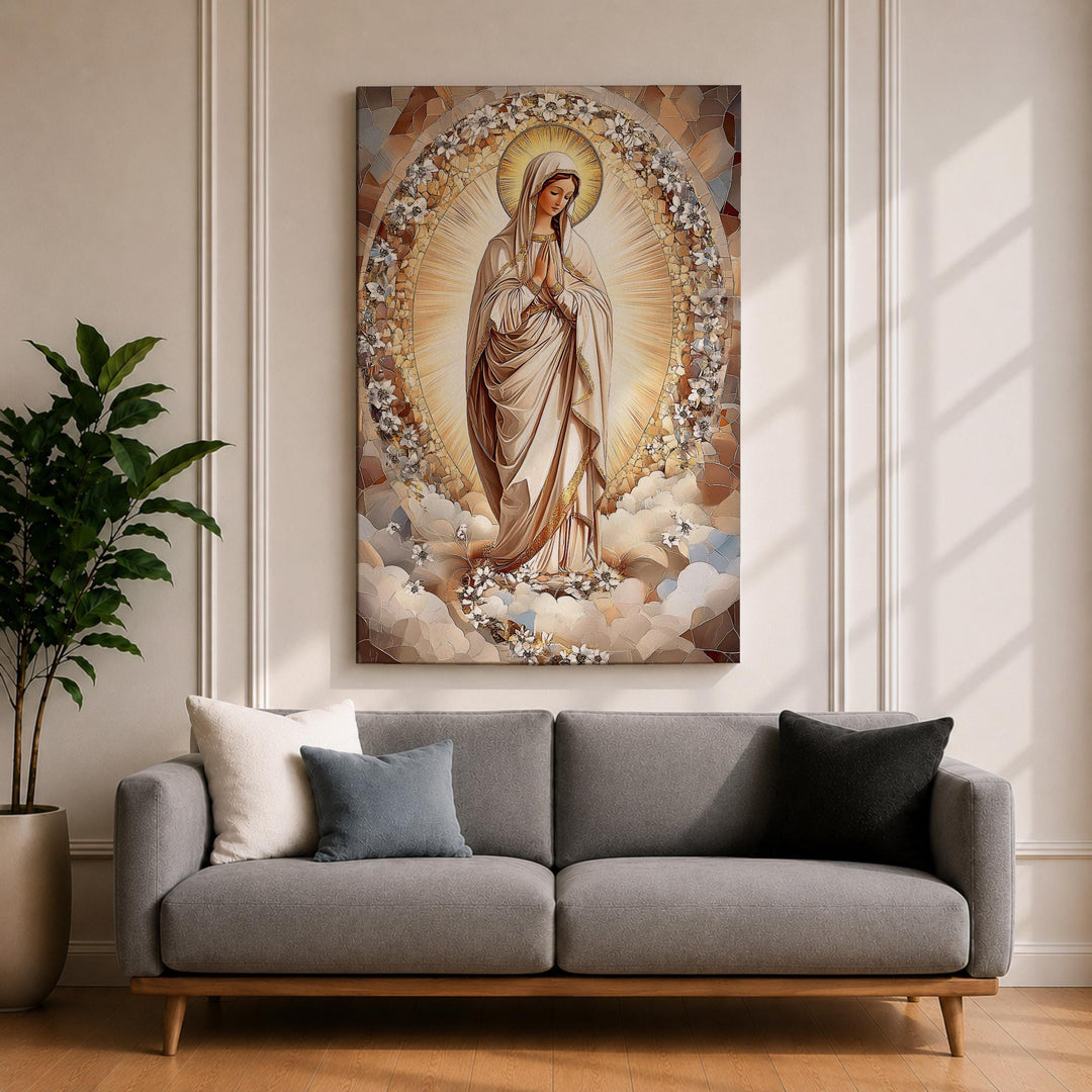Soft-toned Virgin Mary framed canvas featuring a floral halo