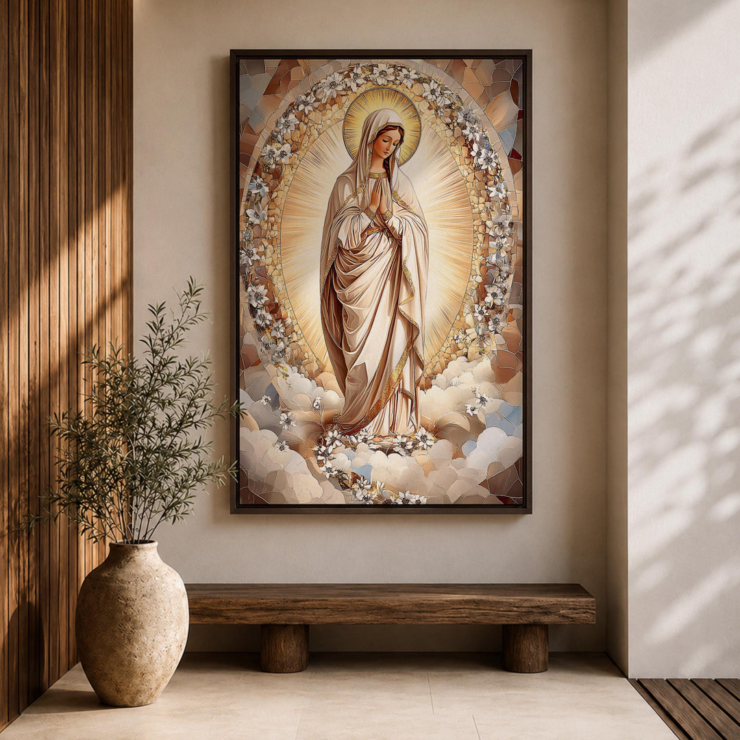 Virgin Mary framed canvas wall art with decorative mosaic details