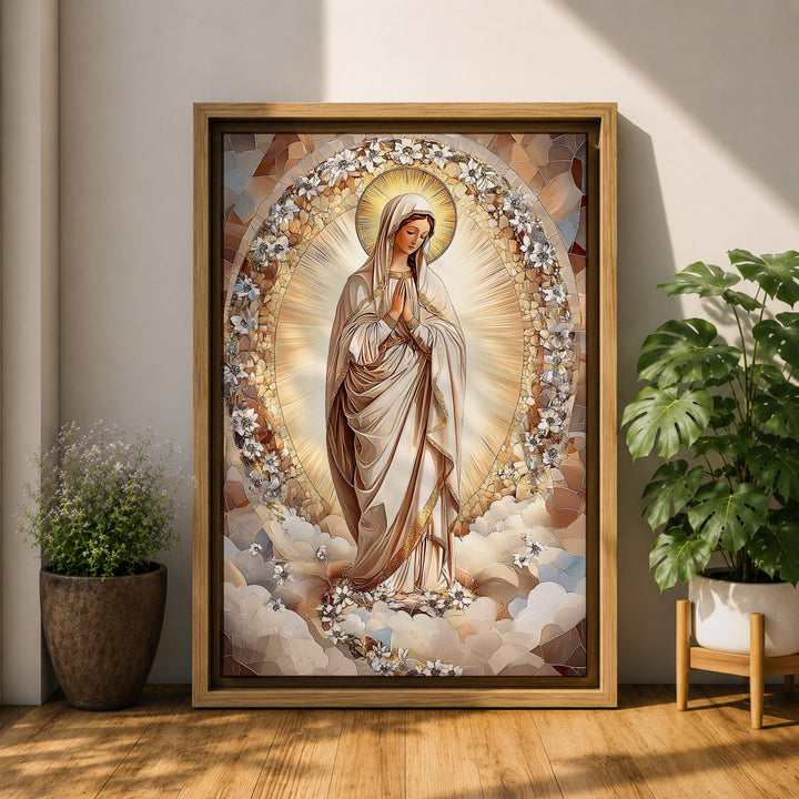 Religious wall decor: Blessed Mother on framed canvas with florals