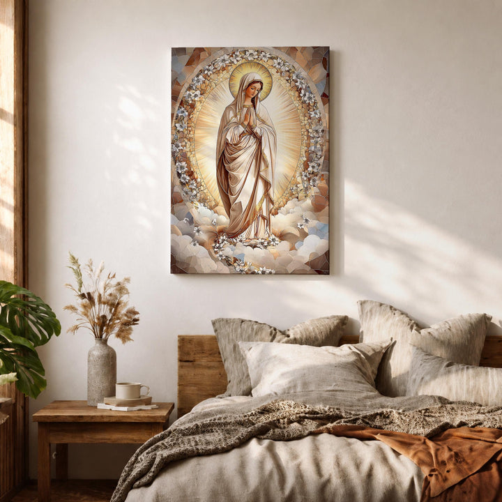 Religious canvas wall art featuring Virgin Mary with halo