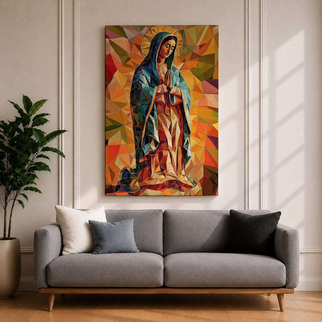 Close-up of Marian image on framed canvas Our Lady of Guadalupe