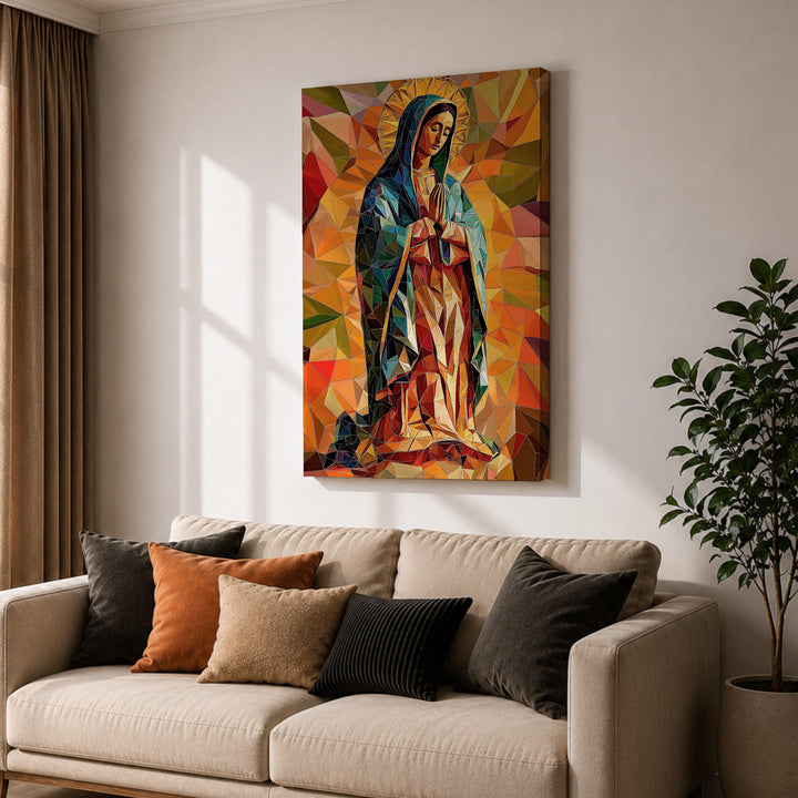 Sacred art detail showing Our Lady of Guadalupe on canvas