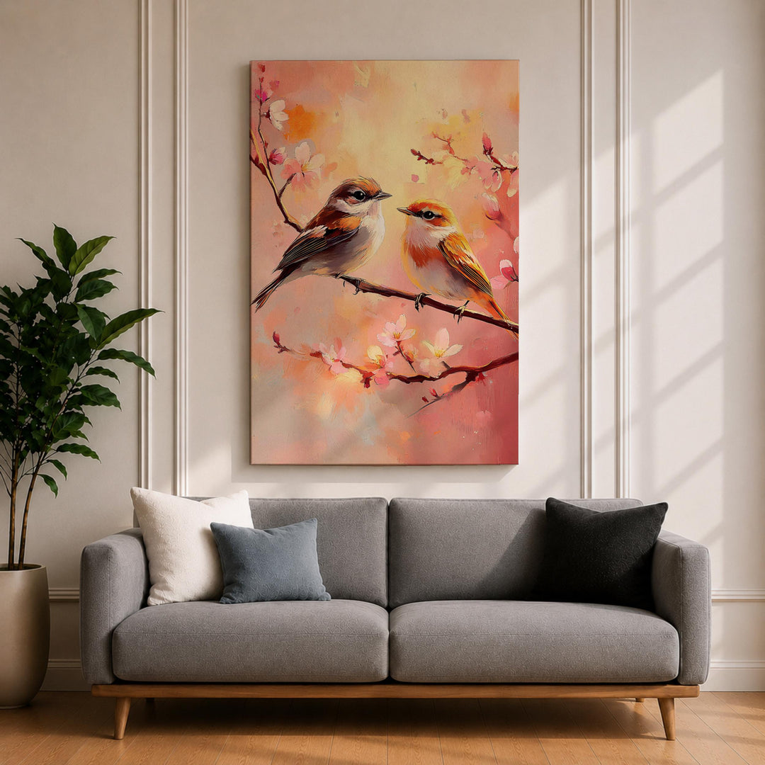 Songbirds in flight over floral branches with soft pastels