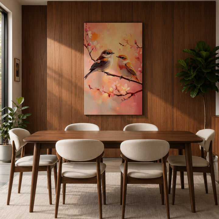 Soft pink tones and birds in a nature-inspired artwork