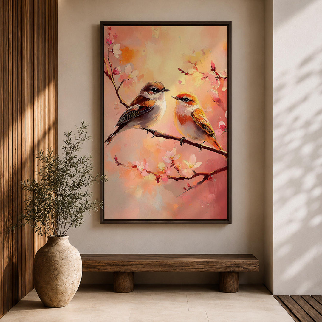 Gentle wildlife scene with a loving bird couple on flowers