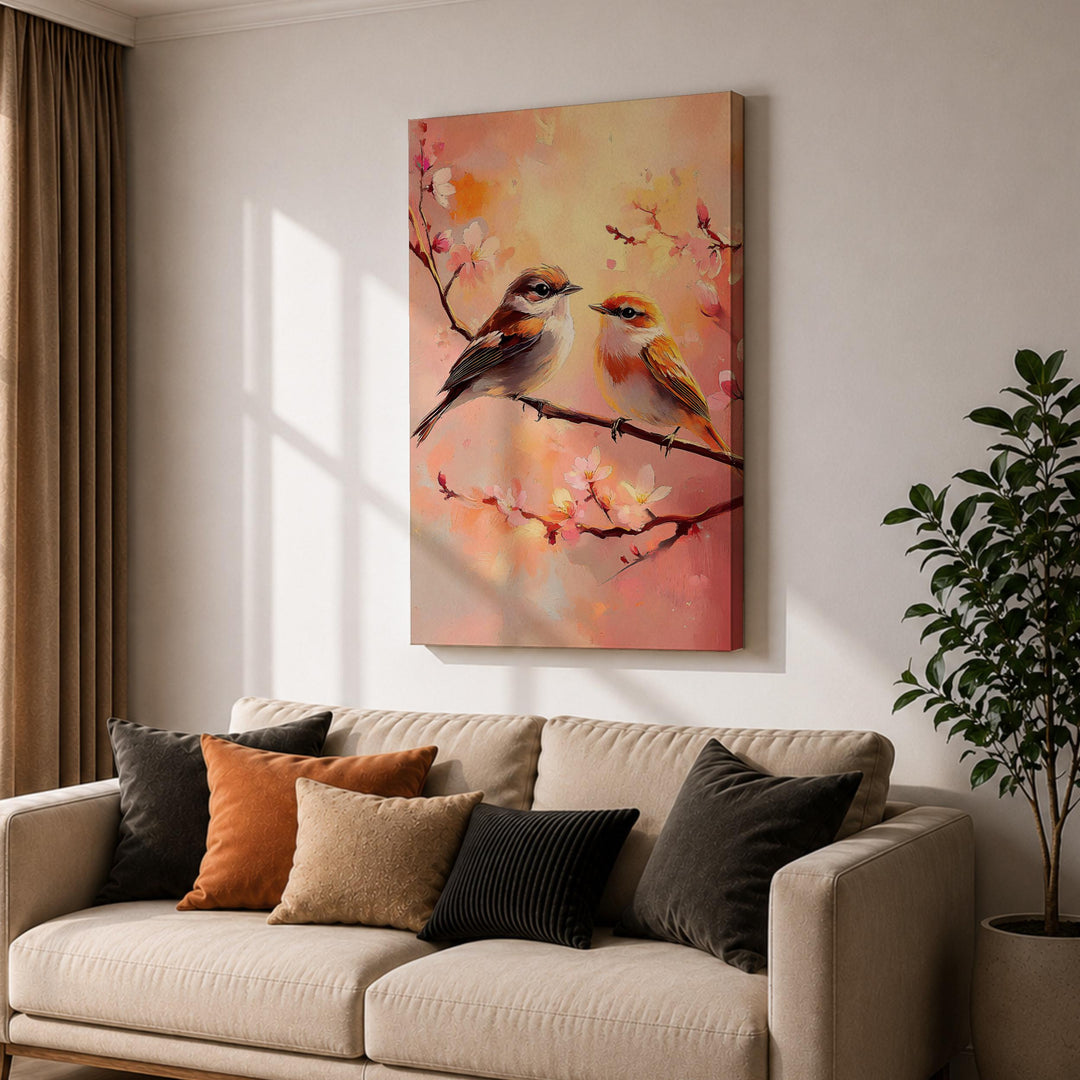 Nature-inspired wall art featuring songbirds and blossoms