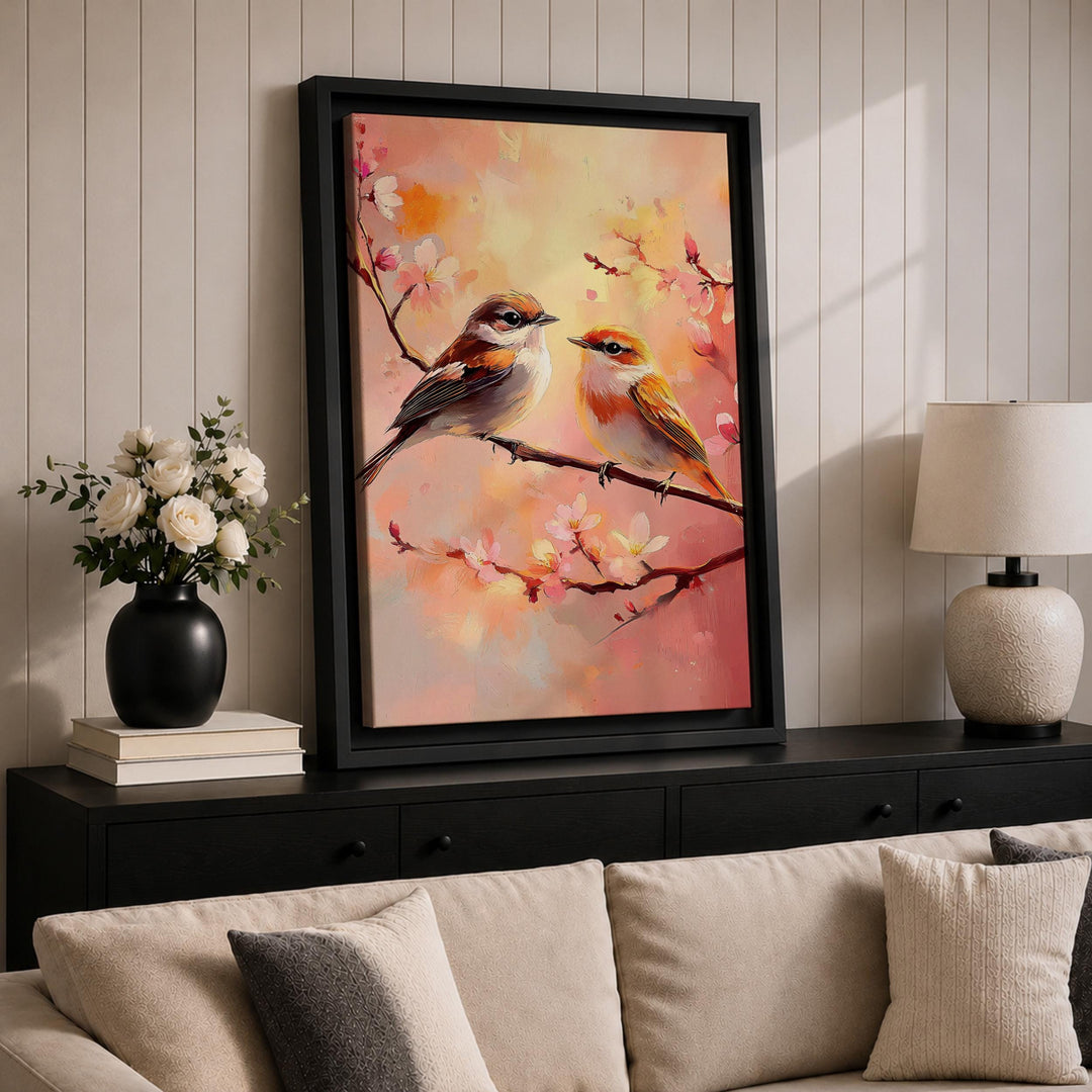 Romantic birds among pink petals for cozy bedroom