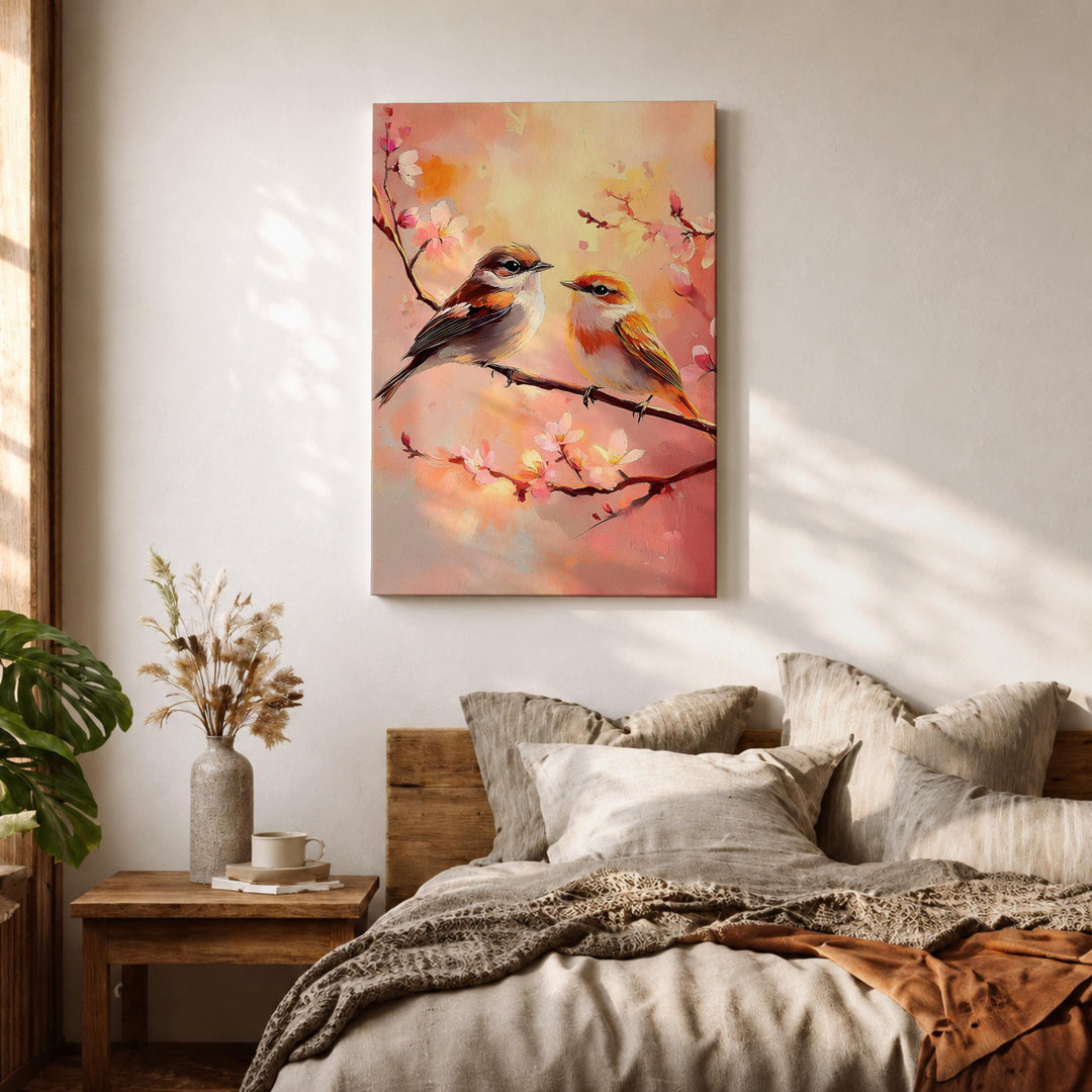 Bird couple perched on blossoms with soft nature tones