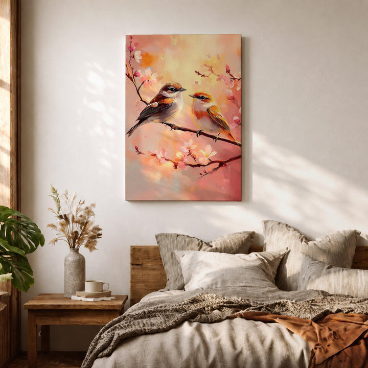 Bird couple perched on blossoms with soft nature tones