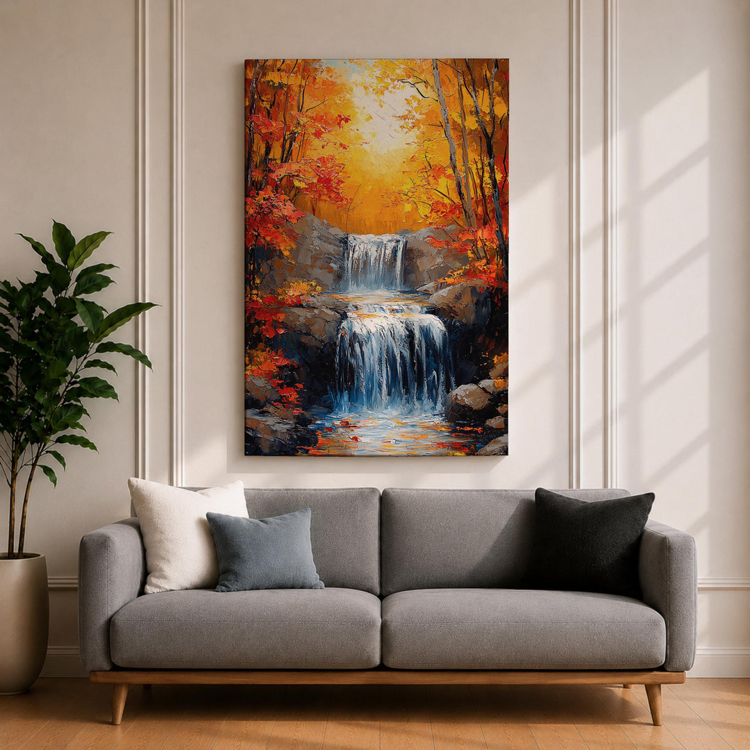 Front view of rustic landscape wall art with impasto texture