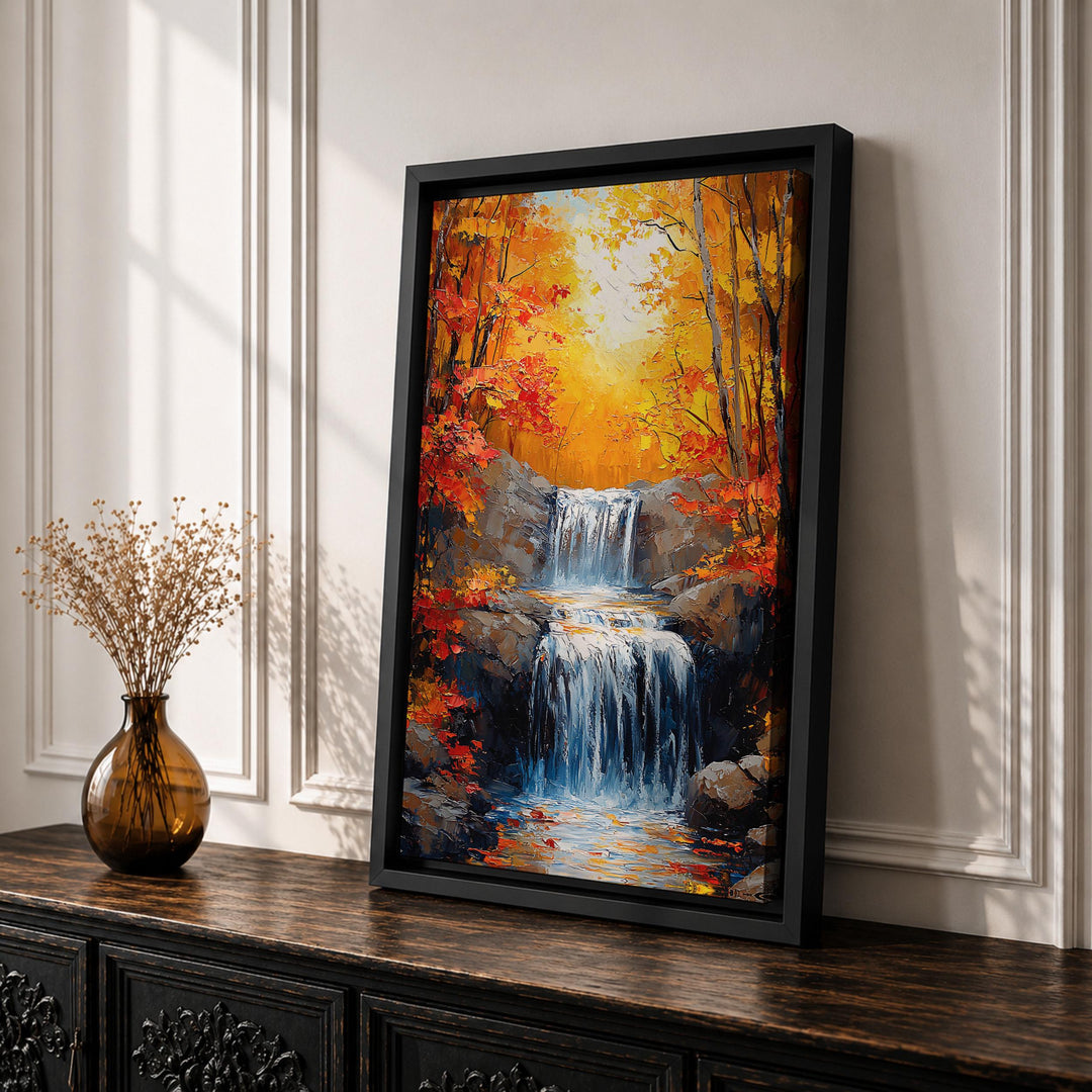 Cozy living room decor featuring autumn forest canvas
