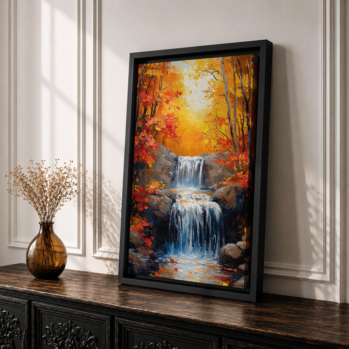 Cozy living room decor featuring autumn forest canvas