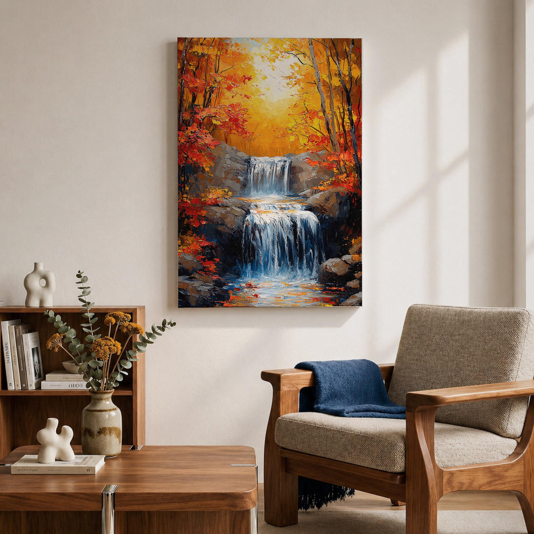 Close-up of impasto brushwork on autumn waterfall canvas