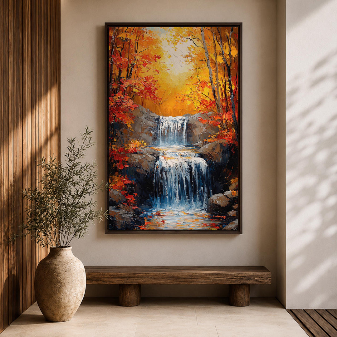 Beige wood frame around autumn forest canvas art