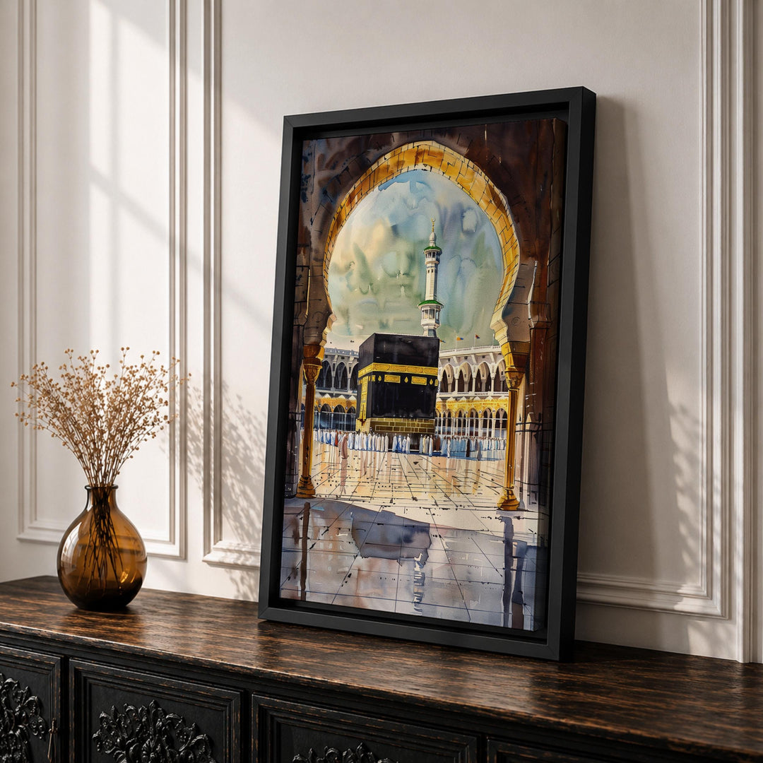 Islamic art featuring Kaaba arch in soft watercolor