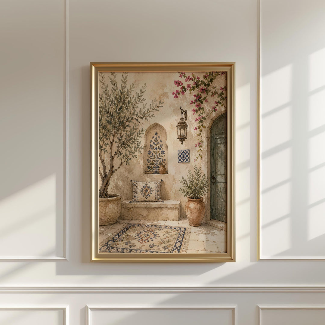 Multi-piece wall art ensemble arranged for calm Middle Eastern inspired gallery