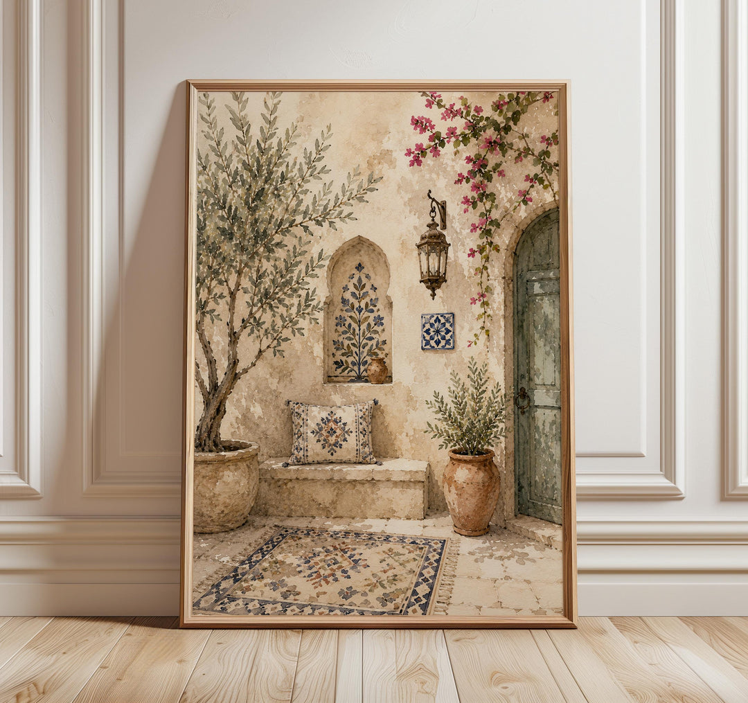 Palestinian courtyard olive tree watercolor art set in neutral tones for gallery wall