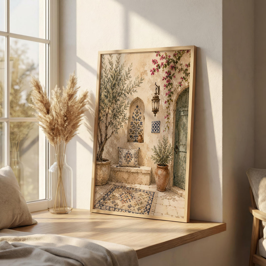 Close-up olive tree watercolor print in soft beige and taupe hues