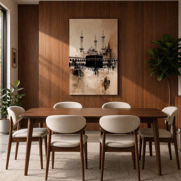 Mecca skyline and Kaaba motif as calming wall art