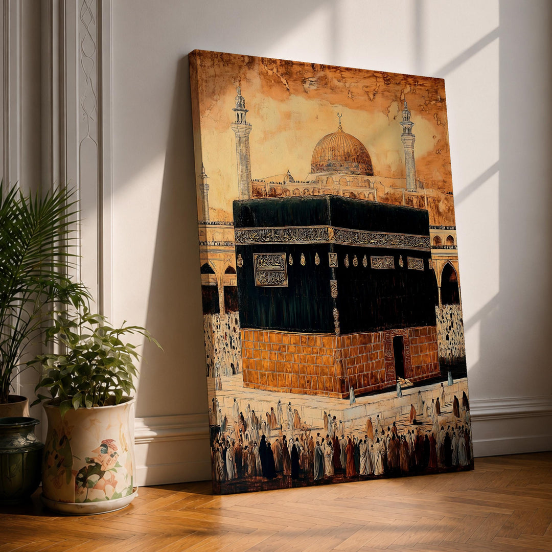 Framed Kaaba wall art depicting Mecca pilgrimage on premium canvas