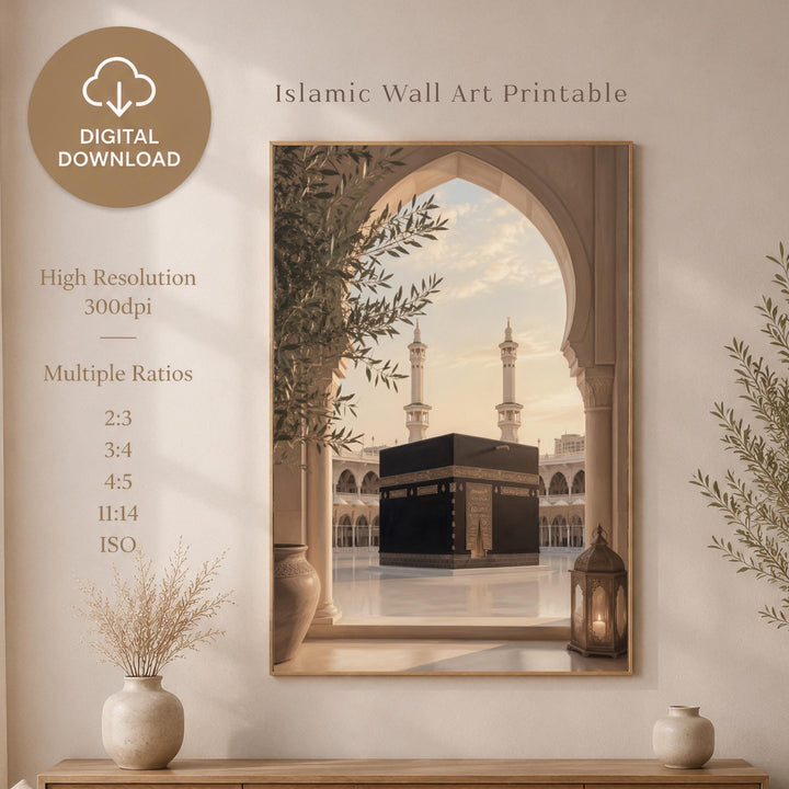 Kaaba arch wall art with mosque silhouette and olive tree lantern