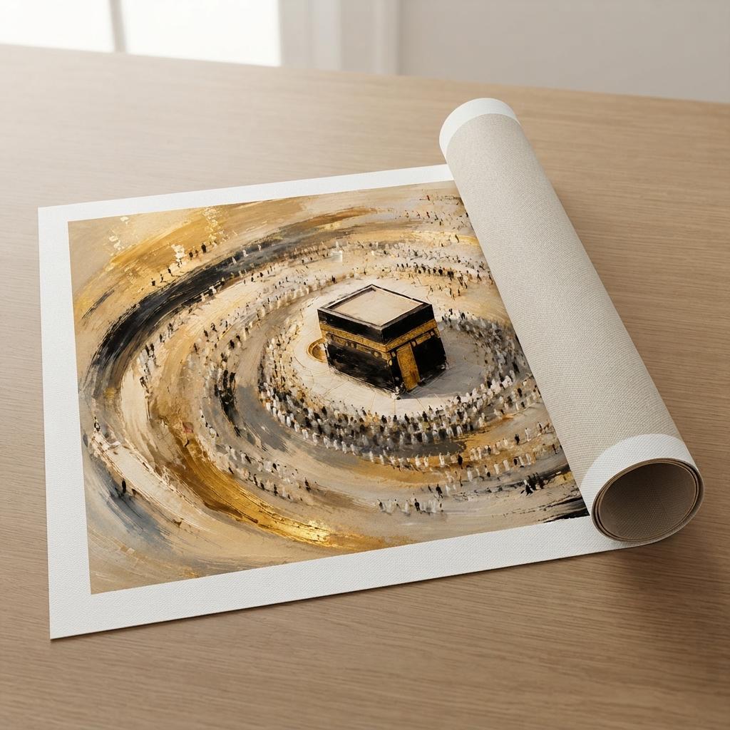 Contemporary abstract Kaaba canvas art in gold, black and beige