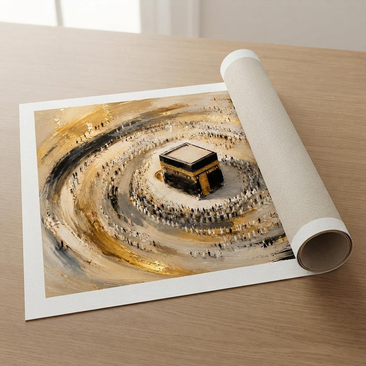 Contemporary abstract Kaaba canvas art in gold, black and beige