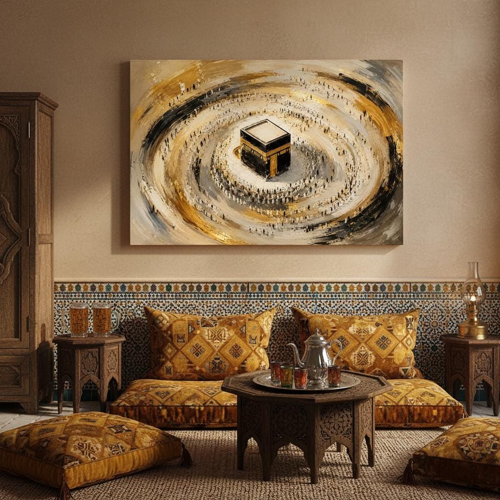 Hajj pilgrimage themed abstract Kaaba design on gold and black canvas