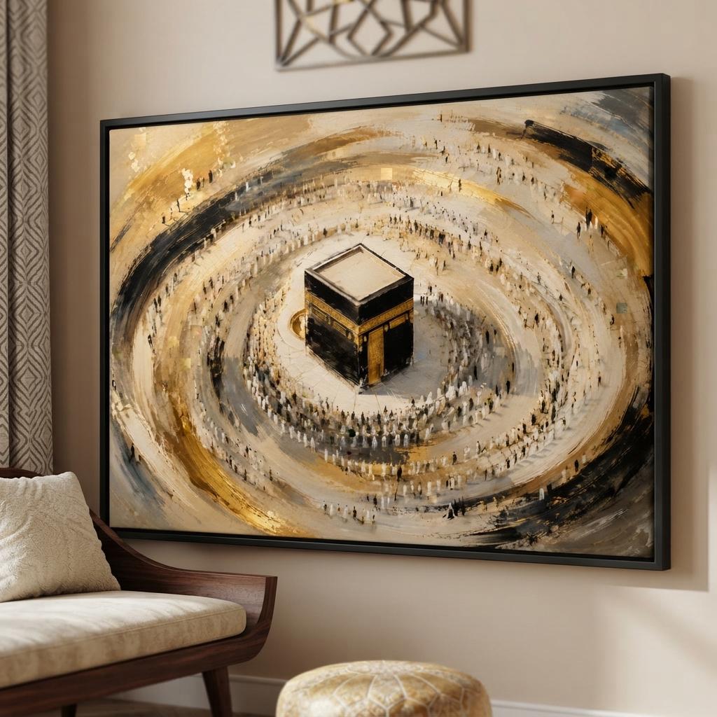 Gallery-wrapped canvas print showing abstract Kaaba with beige tones