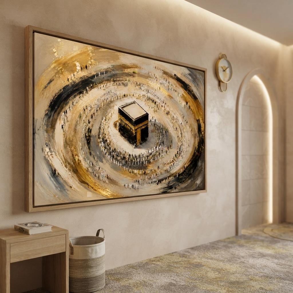 Elegant gold-accent Kaaba artwork on black and beige canvas