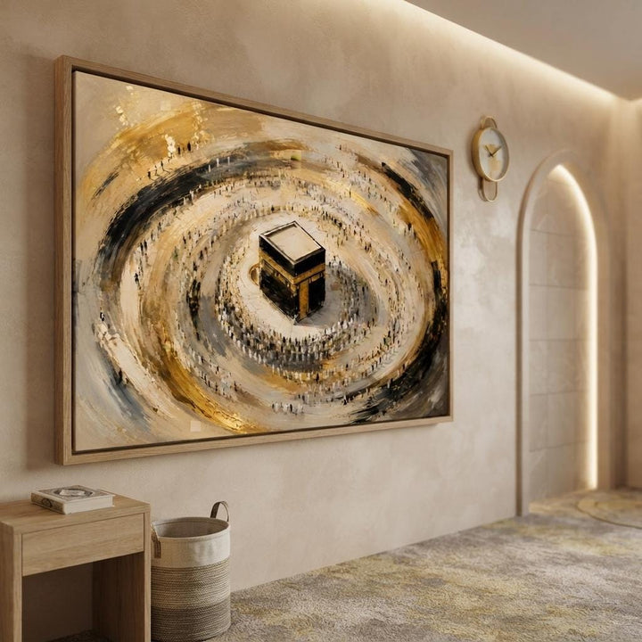 Elegant gold-accent Kaaba artwork on black and beige canvas