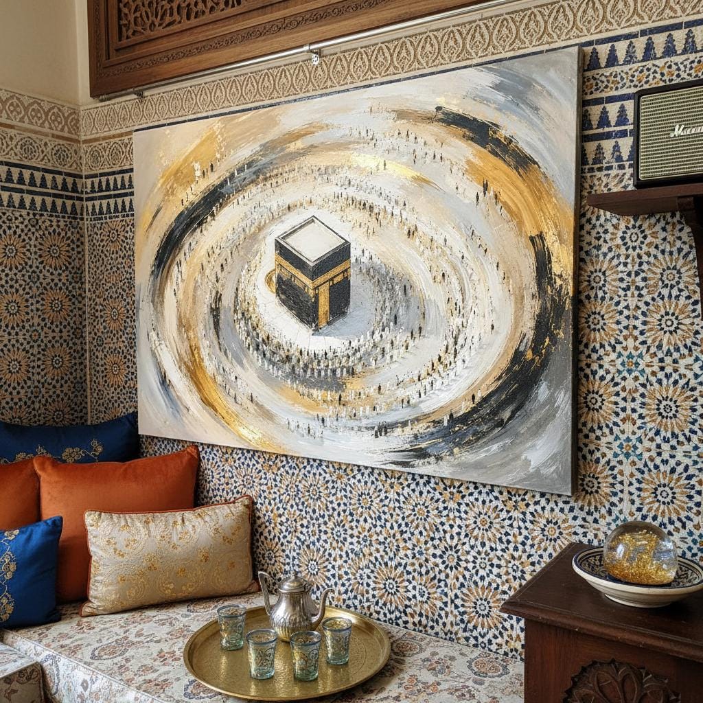 Close-up of Kaaba-inspired Islamic wall art on premium canvas