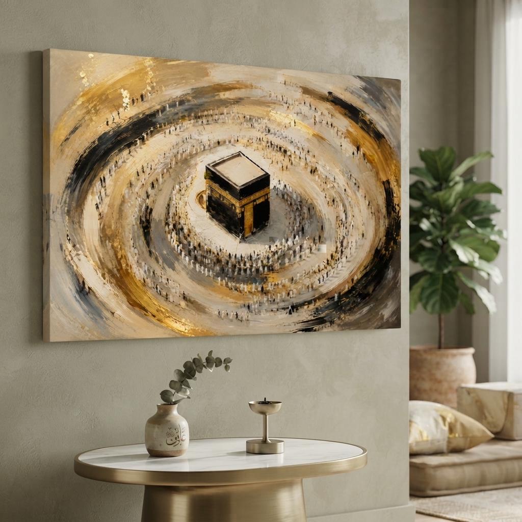 Abstract Kaaba canvas print with gold, black and beige palette
