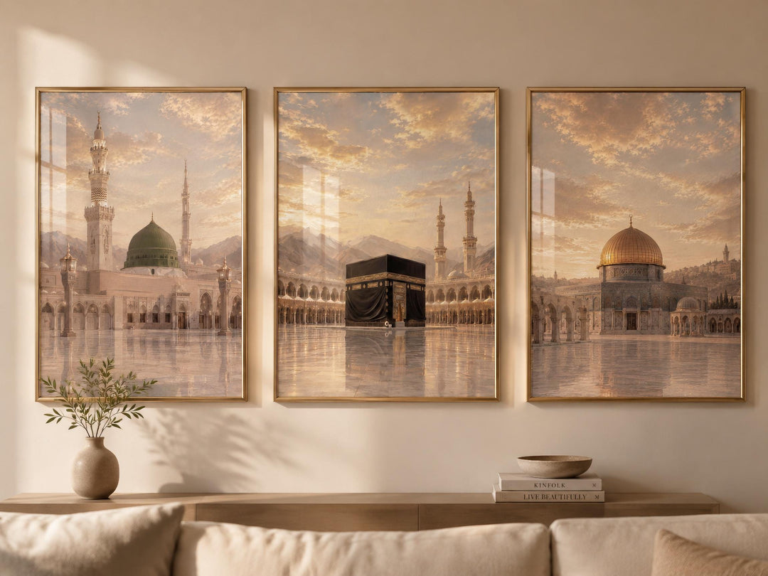 Vintage-inspired Islamic wall art panel featuring sacred sites