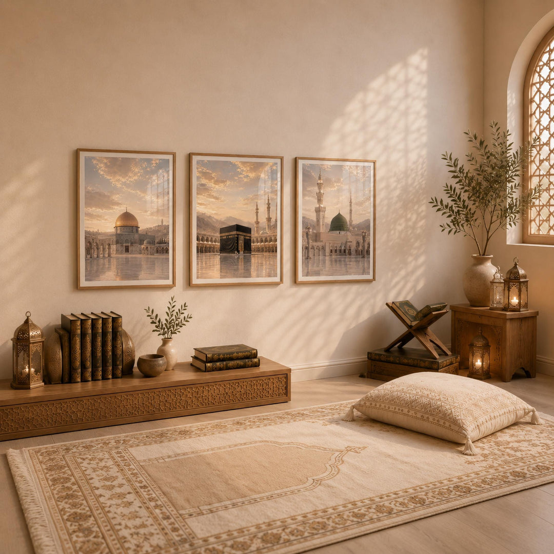 Islamic wall art set with Mecca Medina Al Aqsa motif in warm tones