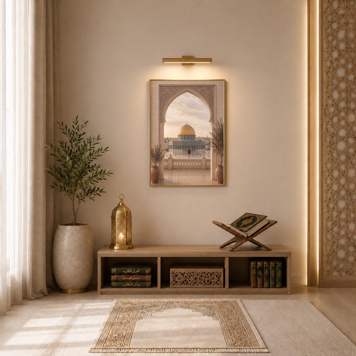 Soft natural lighting highlighting abstract mosque design on wall art