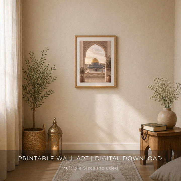 Warm-toned Dome of the Rock motif displayed in a modern living room