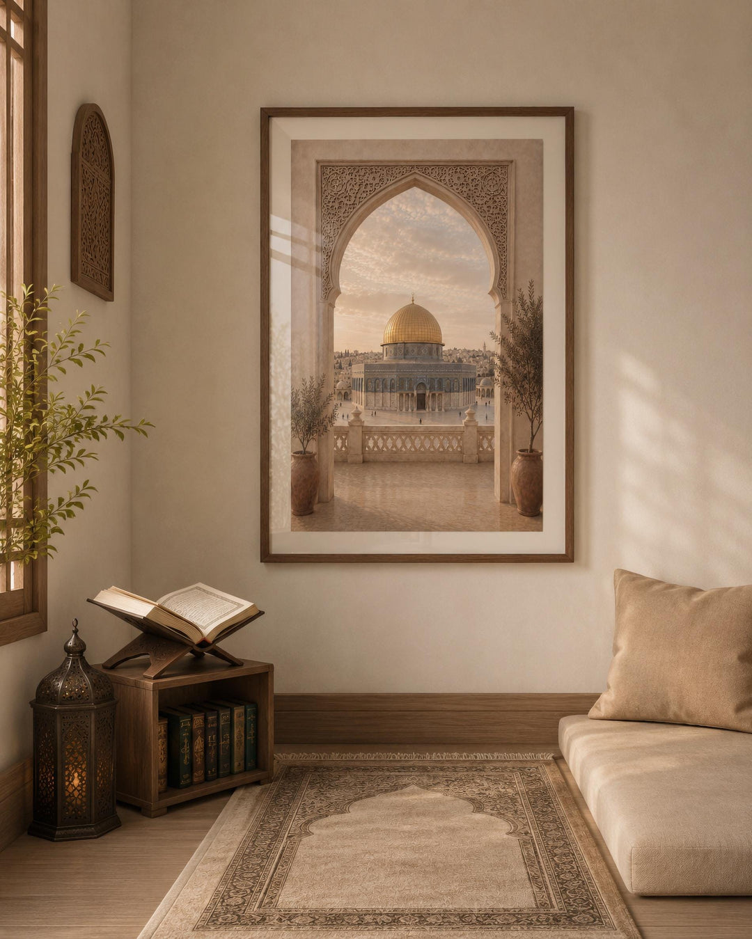 Close-up of geometric lines and subtle gold accents in Islamic wall art