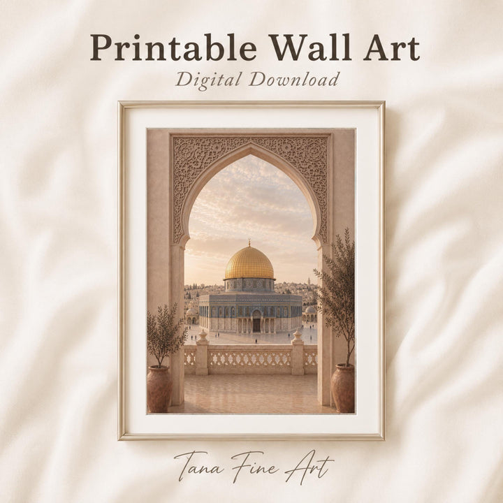 Serene prayer-room setup featuring the Dome of the Rock inspired wall art
