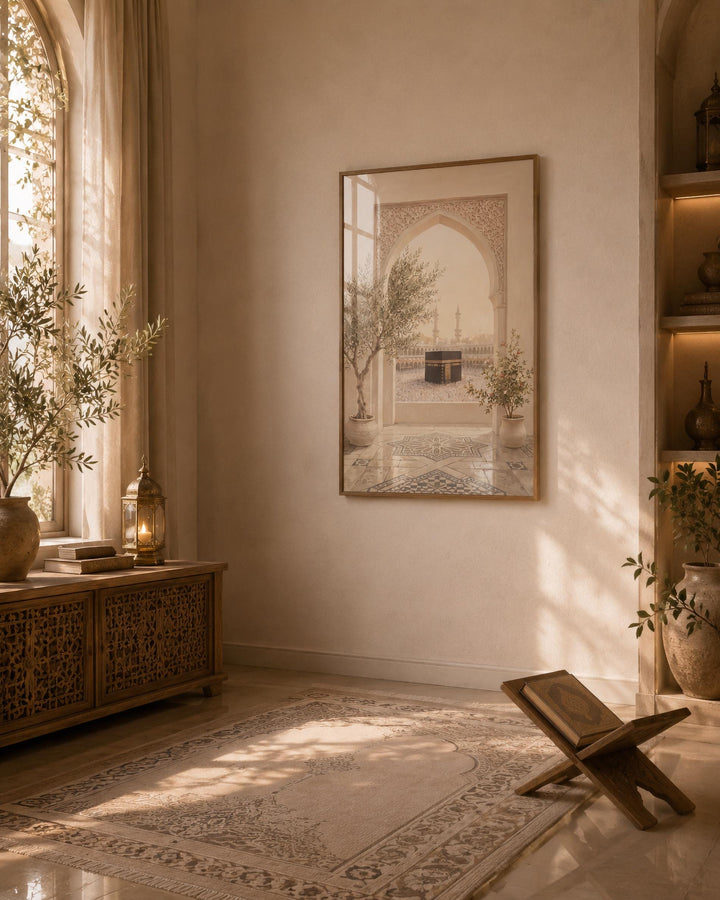 Mecca-inspired abstract Islamic wall art in neutral tones