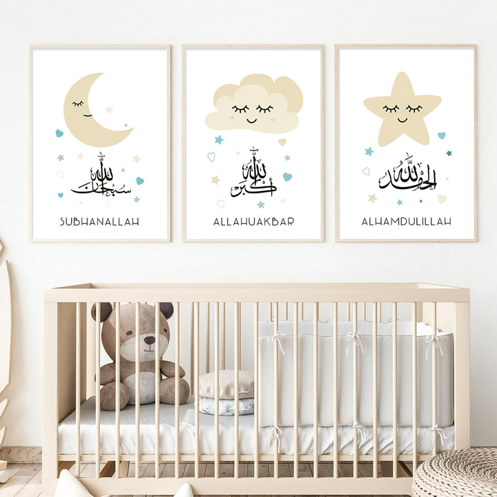 Moon Stars Islamic Nursery Wall Art | Islamic Baby Room Decor | Kids Islamic Wall Art